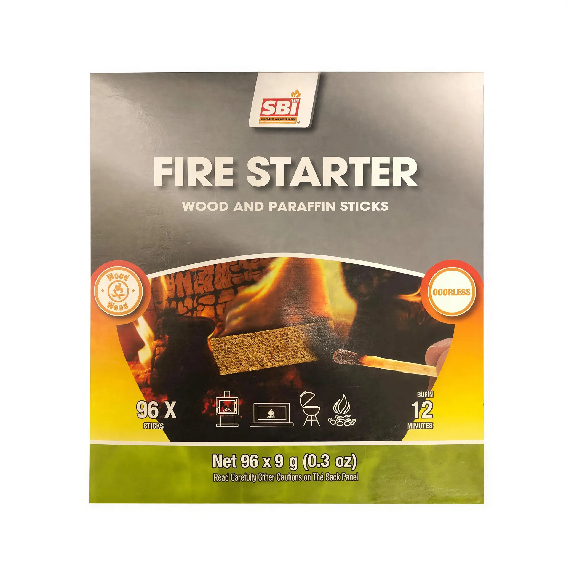 Fire starter box featuring wood and paraffin sticks, labeled for 96 sticks, with a burning fire graphic.
