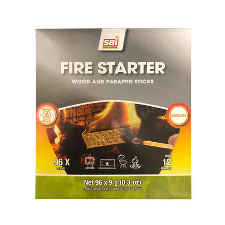Fire starter box featuring wood and paraffin sticks, labeled for 96 sticks, with a burning fire graphic.