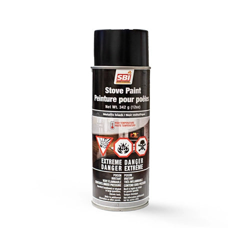 Metallic black stove paint aerosol can, 342 g (12 oz), featuring safety symbols and usage instructions.