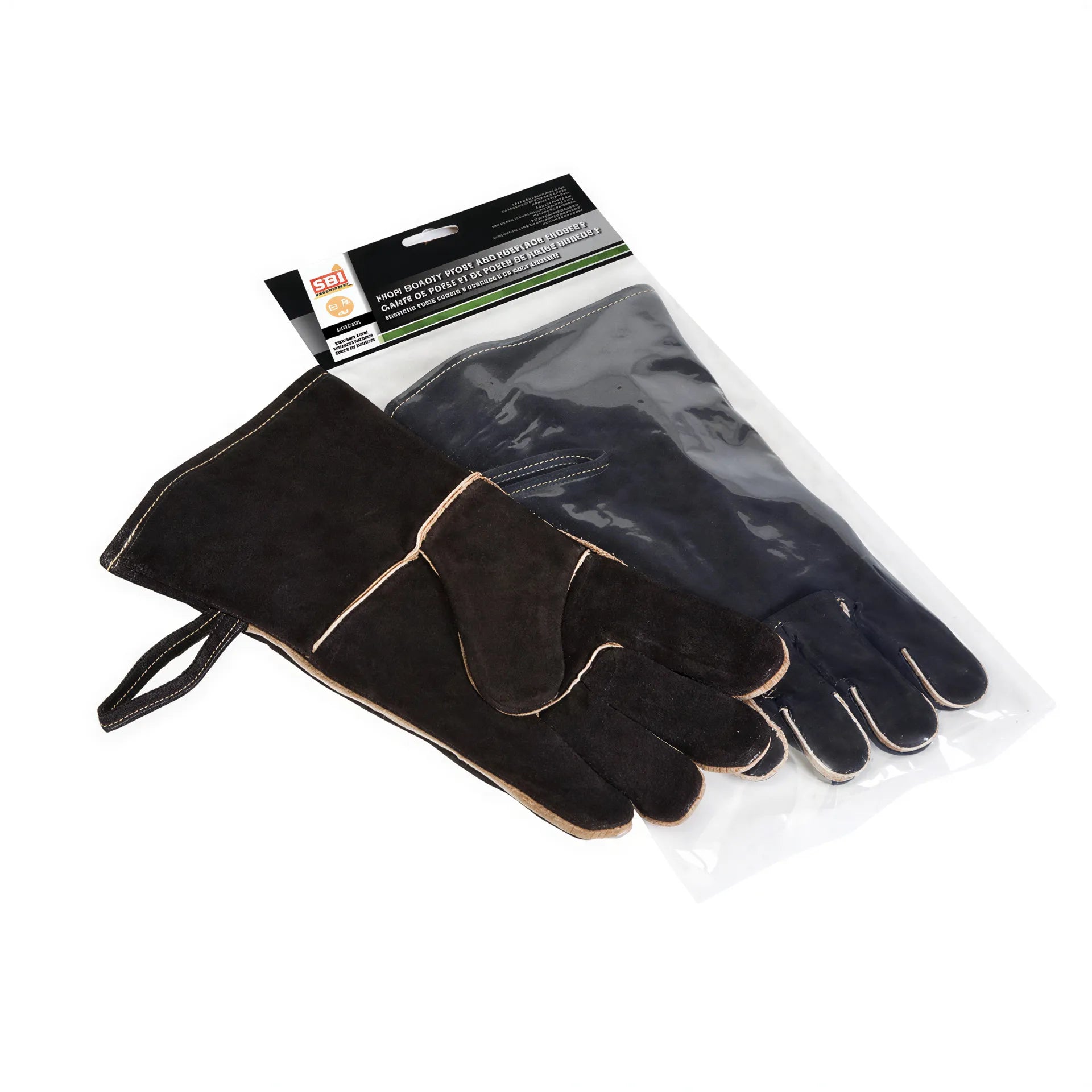 Kevlar thread wood stove and fireplace gloves in black, displayed in packaging with a clear front.